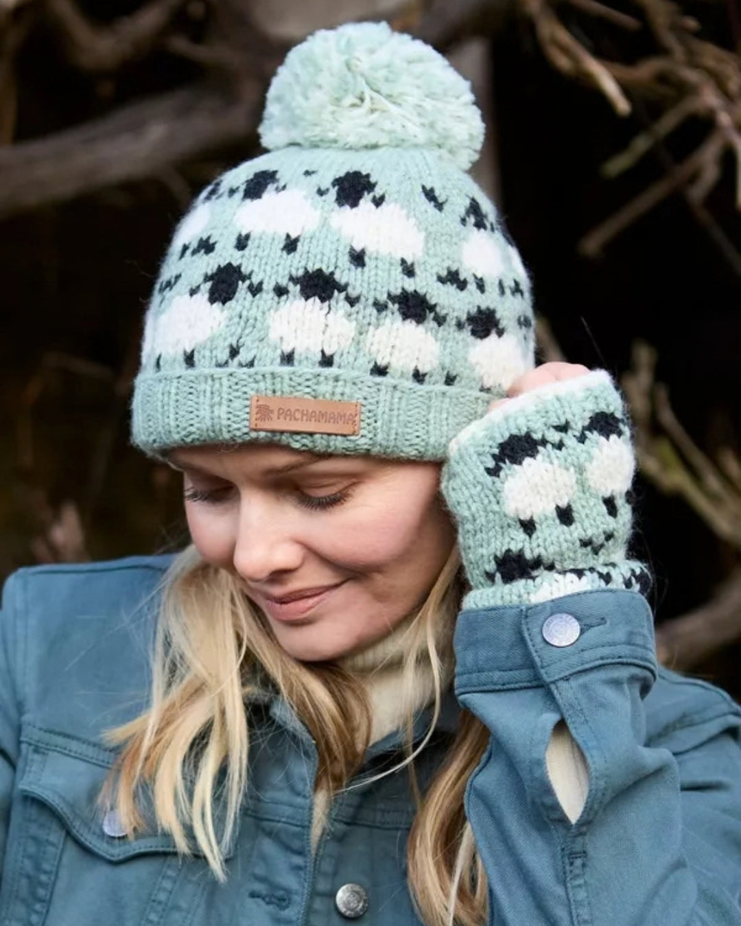 Green Merino Sheep Roll Back Bobble Beanie Pachamama