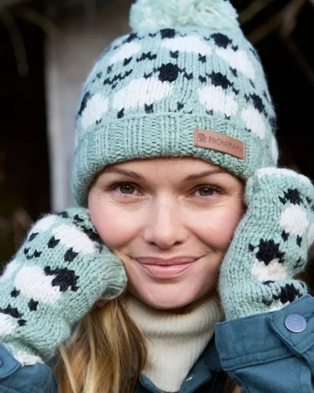 Green Merino Sheep Roll Back Bobble Beanie Pachamama