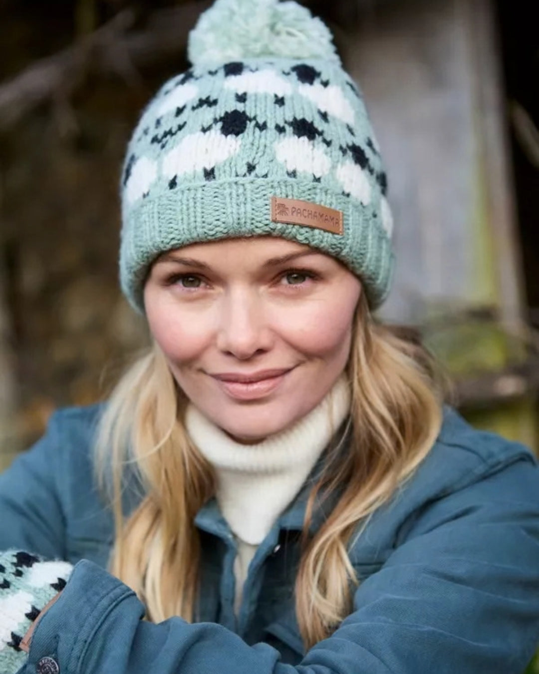 Green Merino Sheep Roll Back Bobble Beanie Pachamama