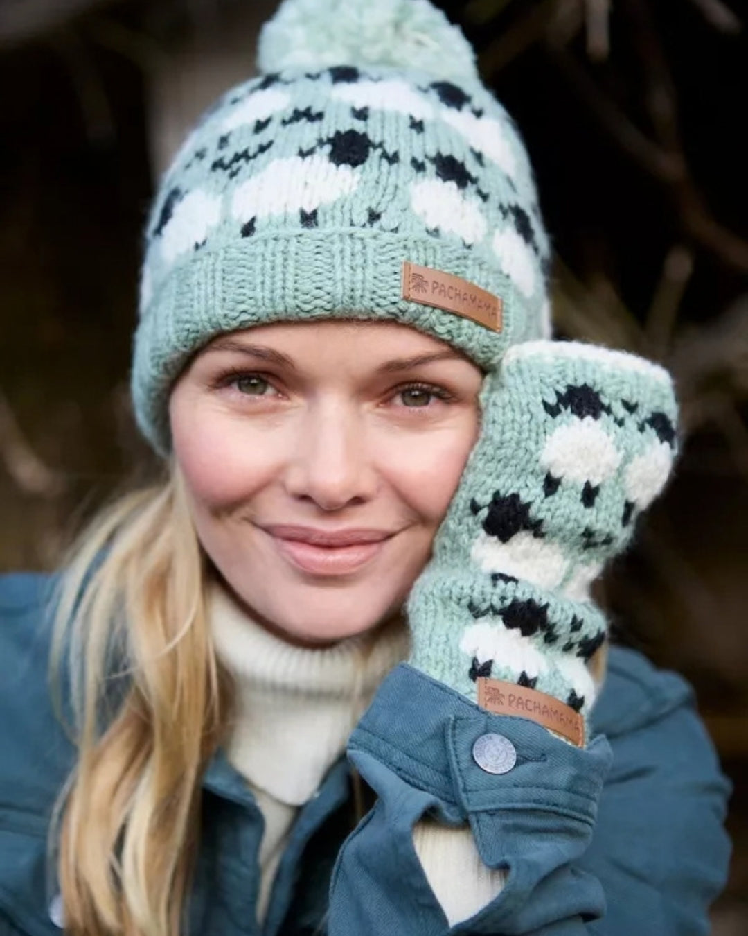 Green Merino Sheep Roll Back Bobble Beanie Pachamama