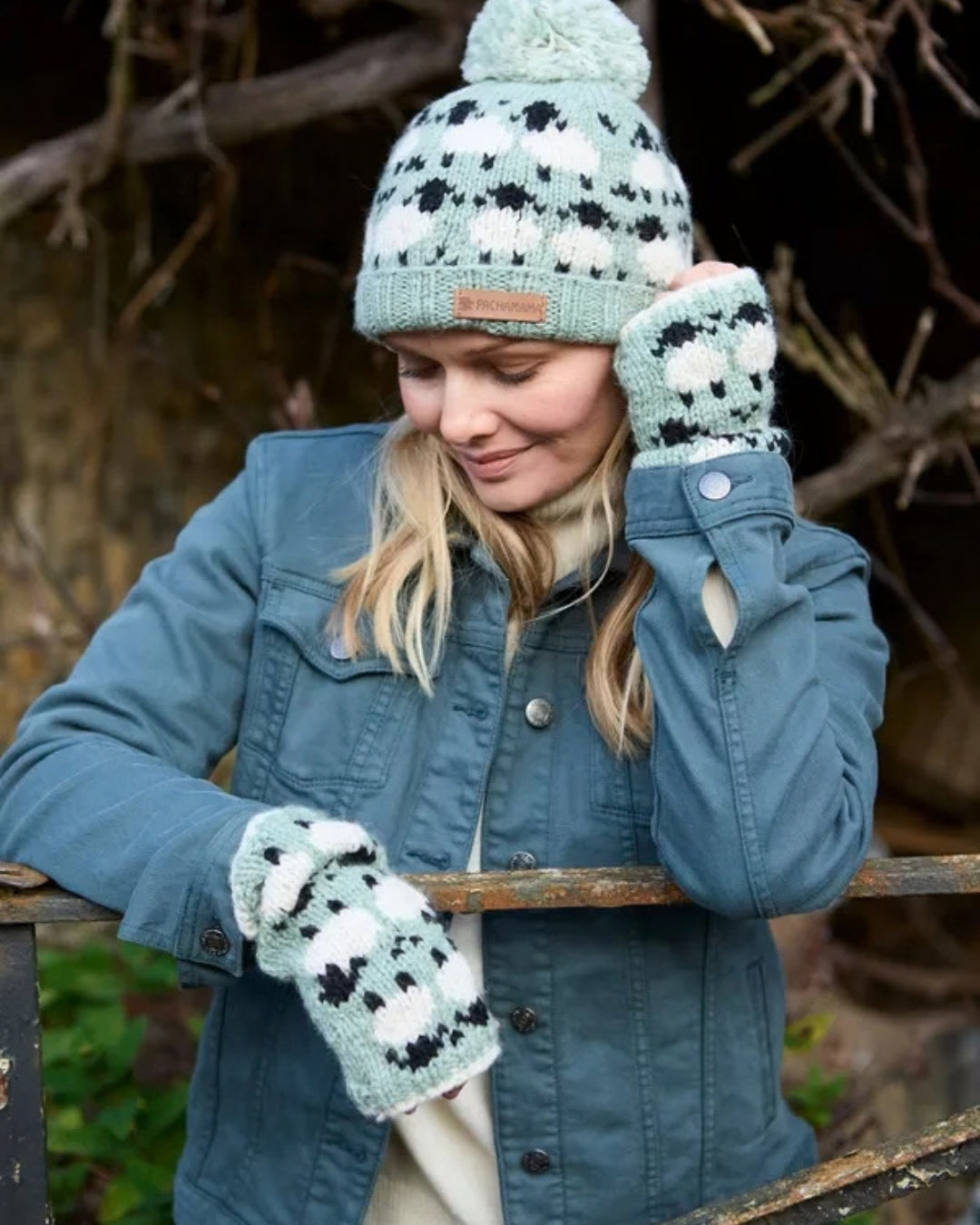 Green Merino Sheep Roll Back Bobble Beanie Pachamama