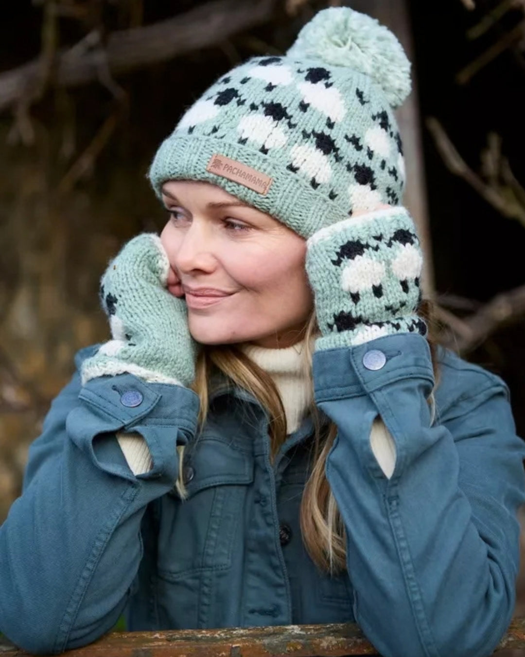 Green Merino Sheep Roll Back Bobble Beanie Pachamama