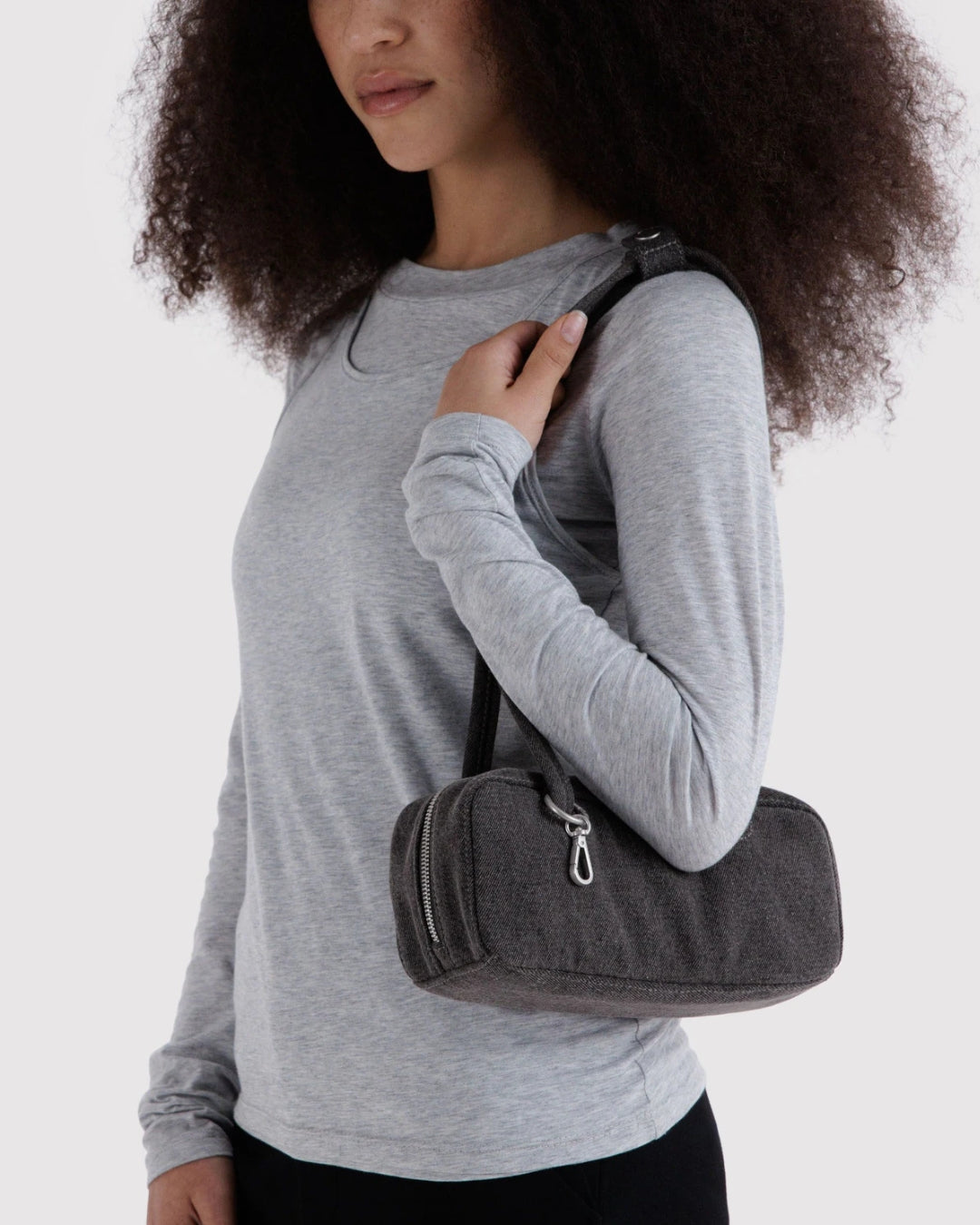 Washed Black Denim Small Bowler Bag | BAGGU | Small Denim Bowler Bag