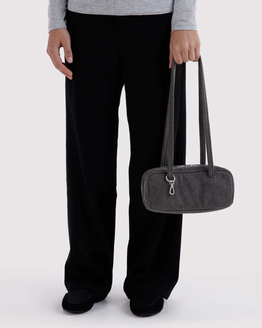 Washed Black Denim Small Bowler Bag | BAGGU | Small Denim Bowler Bag