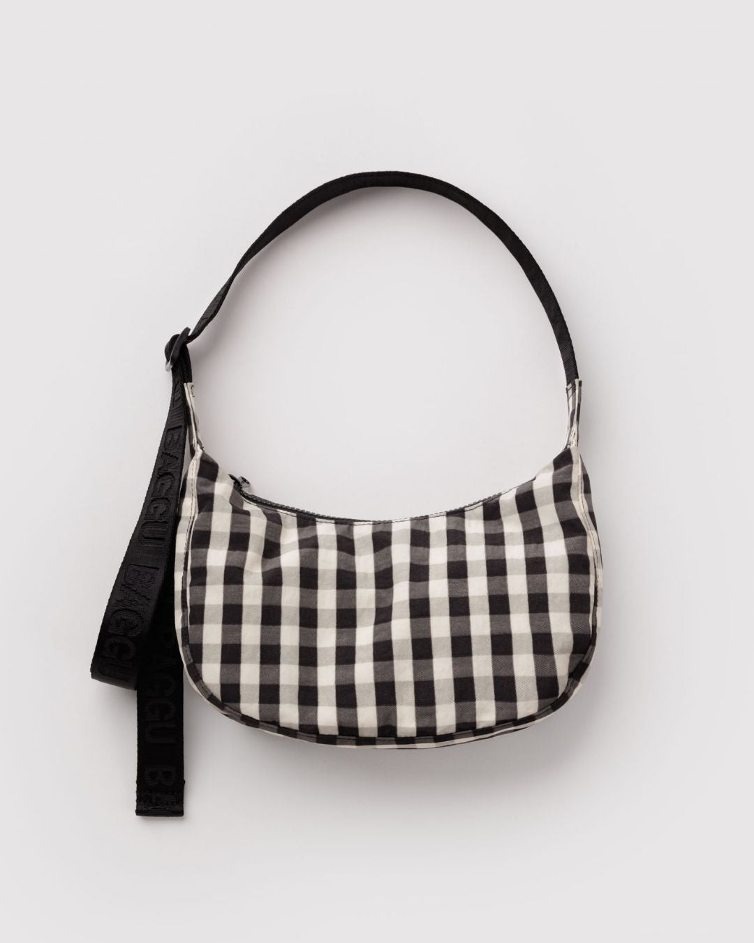Black and Cream Gingham Small Nylon Crescent Bag