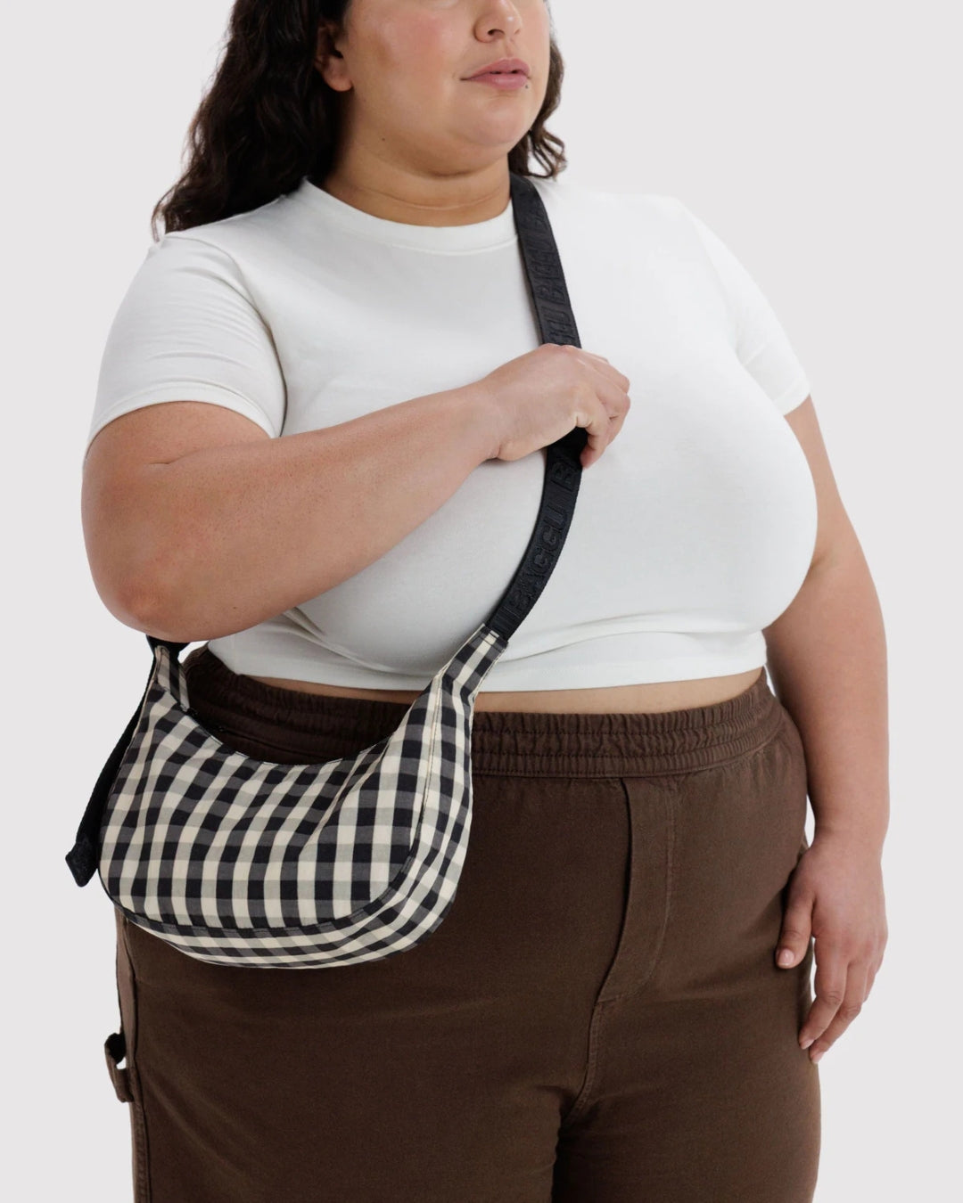 Black and Cream Gingham Small Nylon Crescent Bag | BAGGU | Small Nylon Crescent Bag