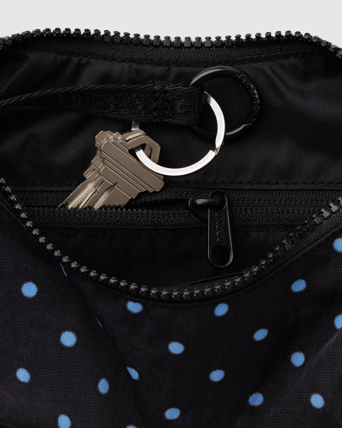 Black and Sky Blue Micro Dot Small Nylon Crescent Bag | BAGGU | Small Nylon Crescent Bag