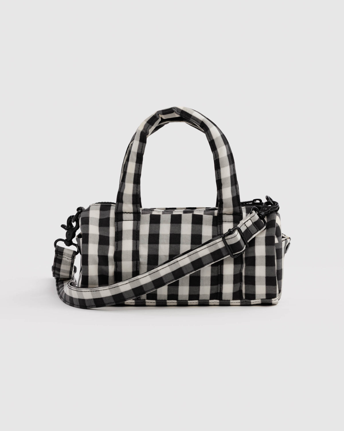 Black and Cream Gingham Small Nylon Duffle Bag | BAGGU | Small Nylon Duffle Bag
