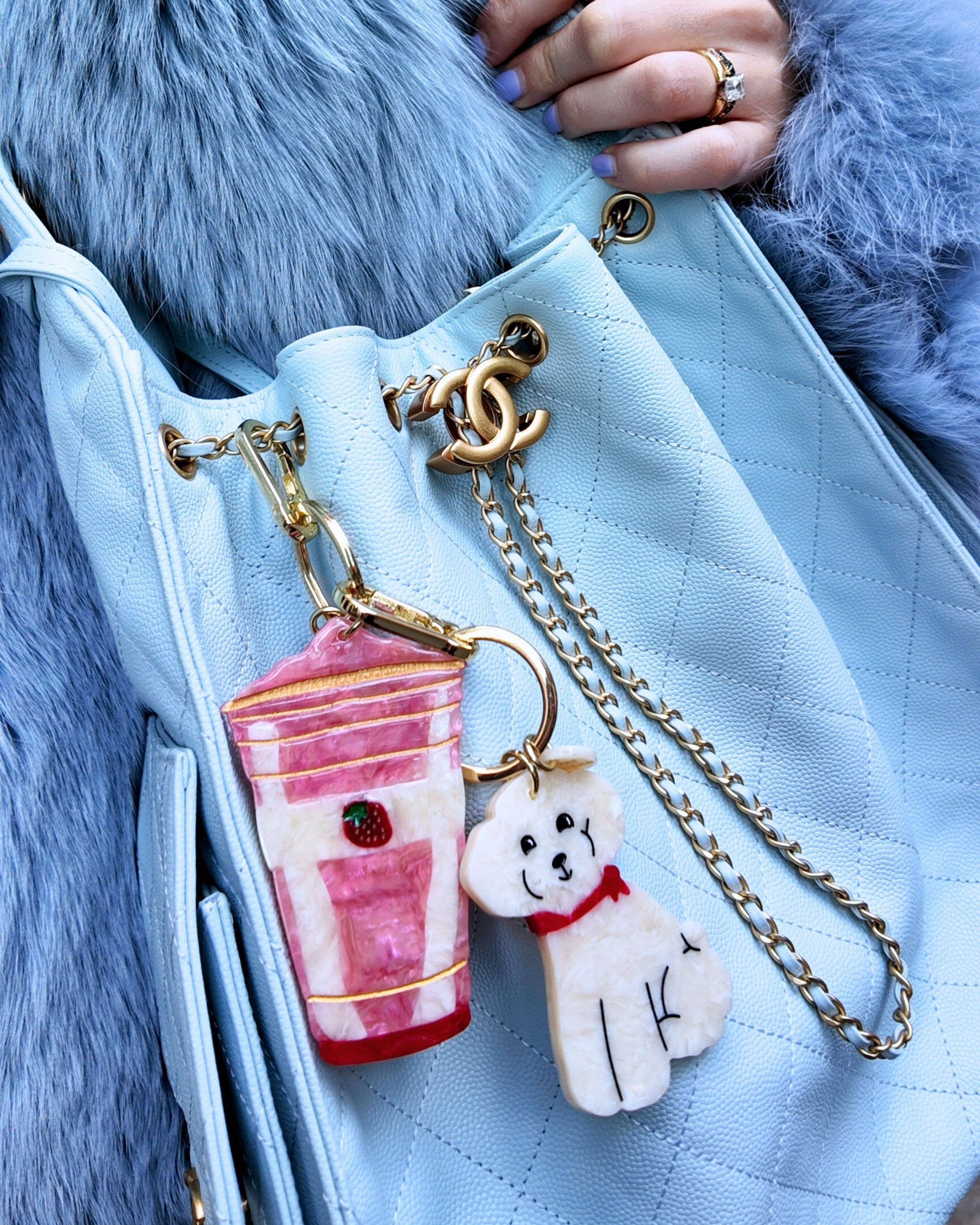 White Hand-painted Doodle Puppy Bag Charm + Keychain | Solar Eclipse | Bag Charm