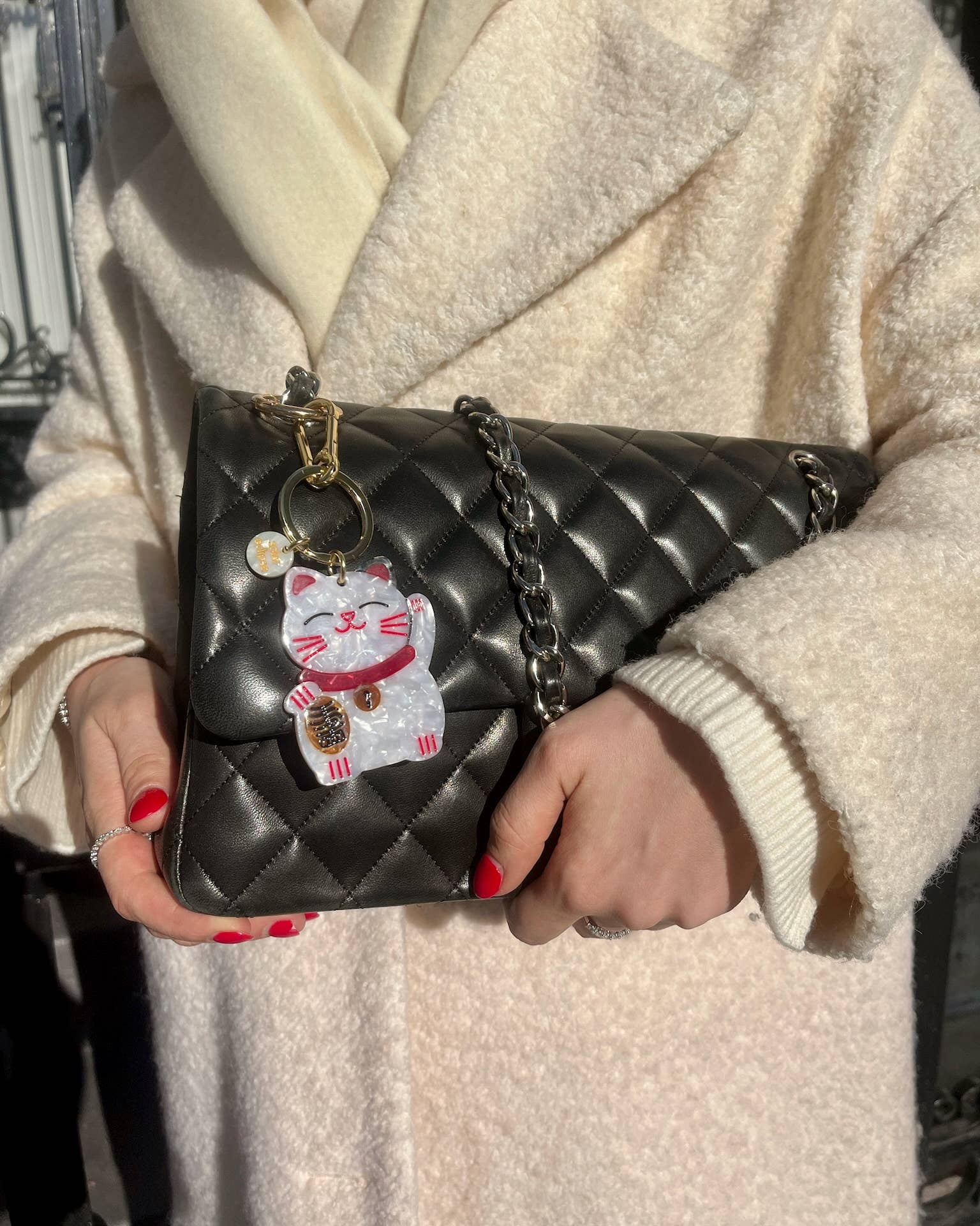 Hand-painted Lucky Cat Bag Charm & Keychain | Solar Eclipse | Bag Charm