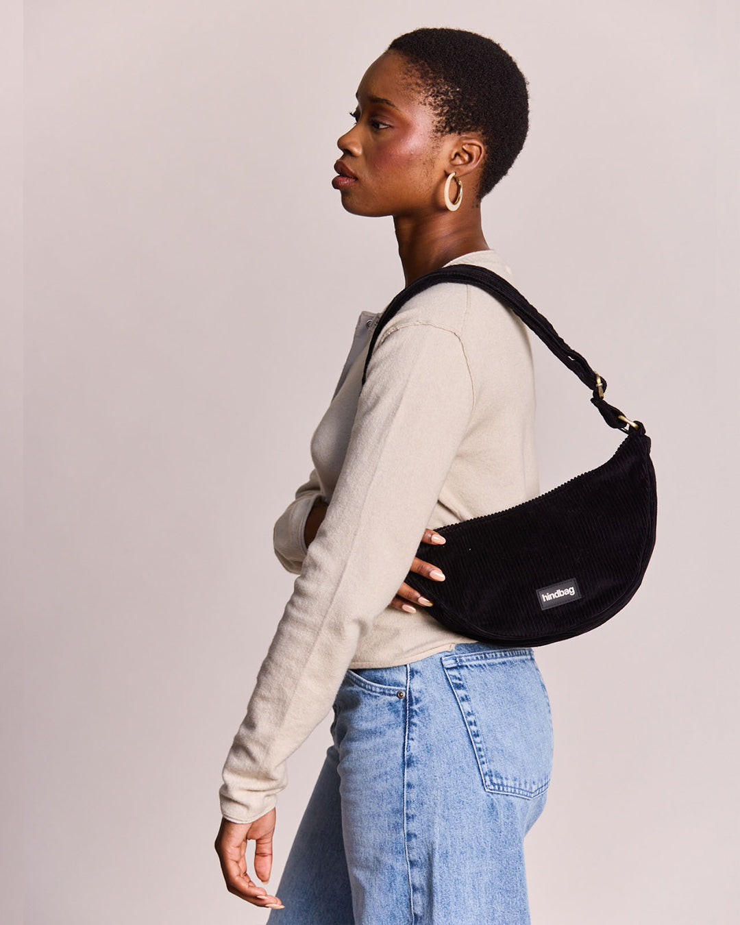 Black Corduroy Andrea Crescent Bag hindbag