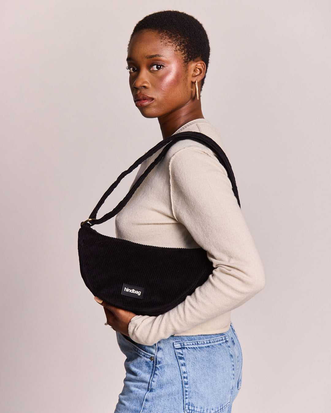 Black Corduroy Andrea Crescent Bag hindbag