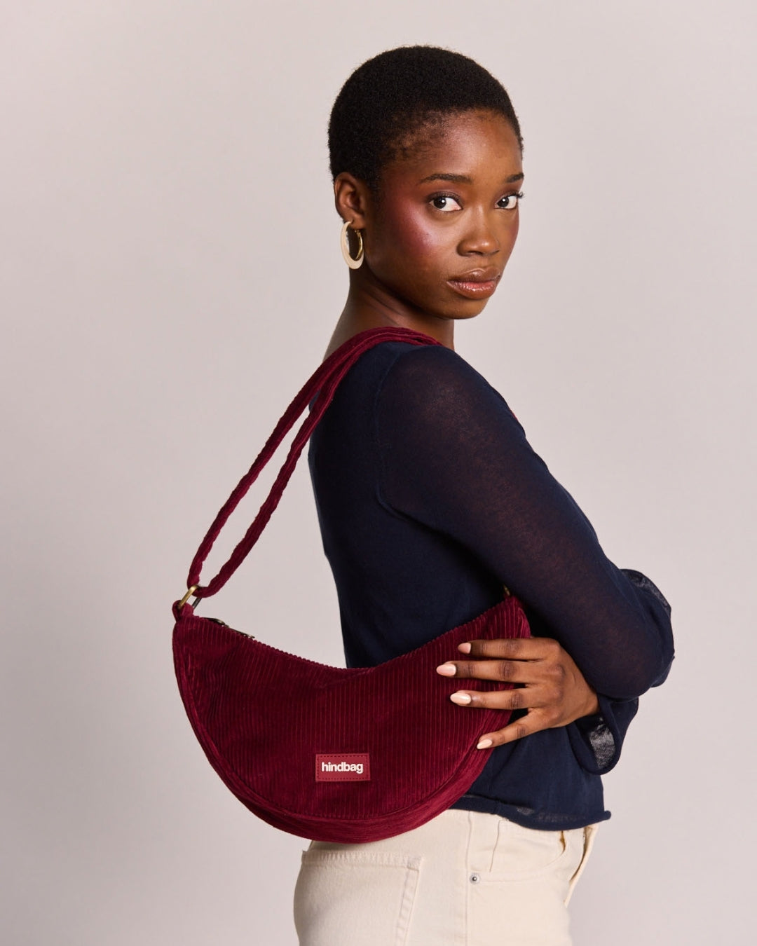 Burgundy Corduroy Andrea Crescent Bag hindbag