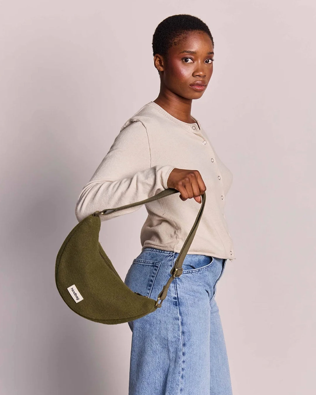 Khaki Wool Effect Andrea Crescent Bag hindbag