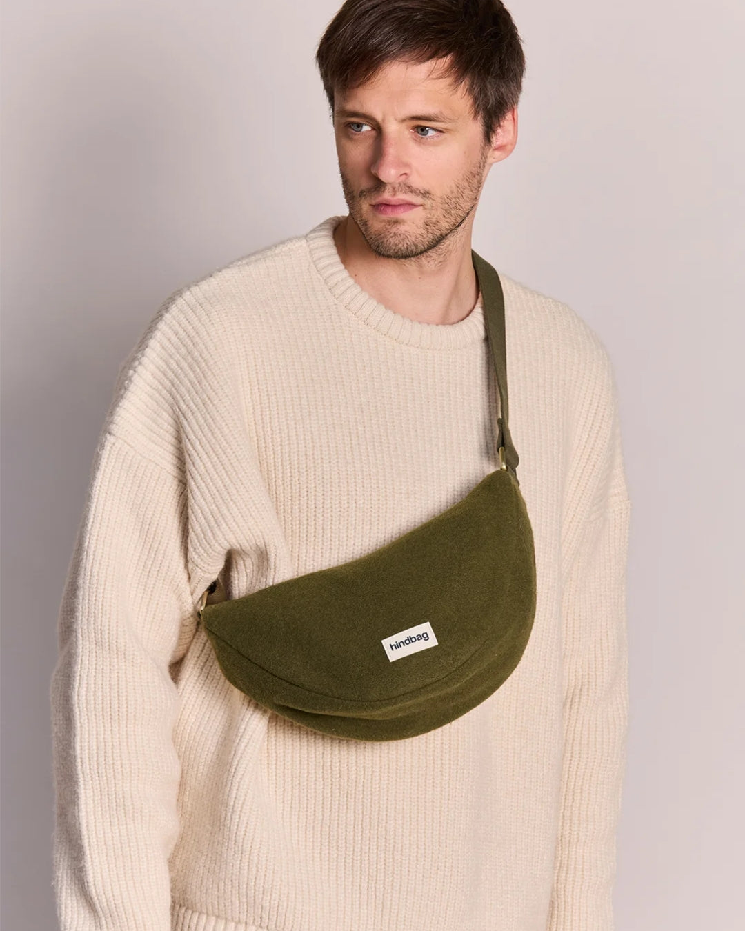 Khaki Wool Effect Andrea Crescent Bag hindbag