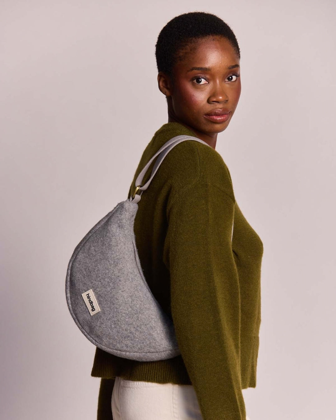 Grey Wool Effect Andrea Crescent Bag hindbag