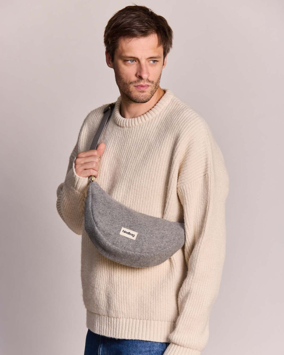 Grey Wool Effect Andrea Crescent Bag hindbag