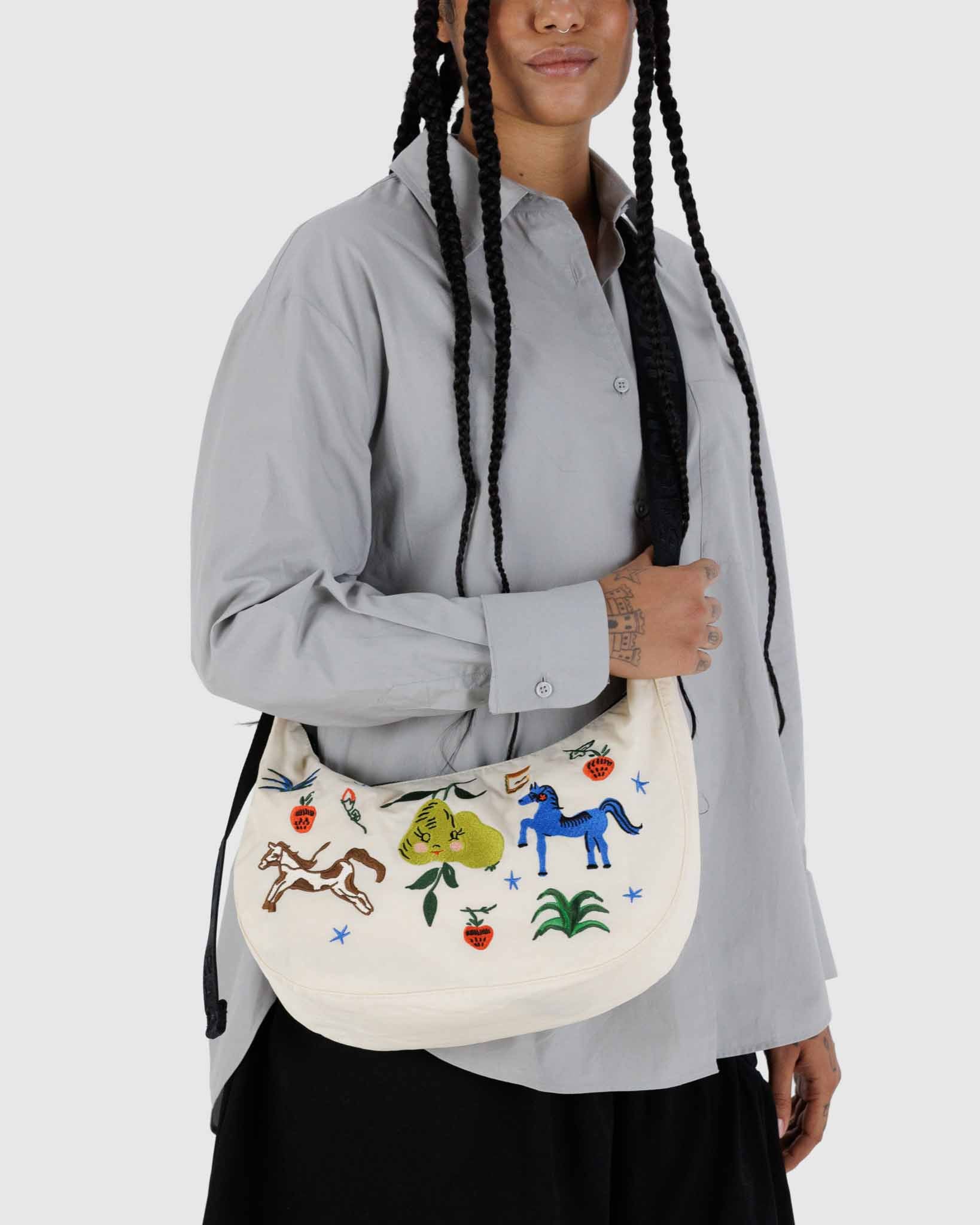 BAGGU Embroidered Painted Prairie medium nylon crescent bag | BAGGU | Crossbody Bag