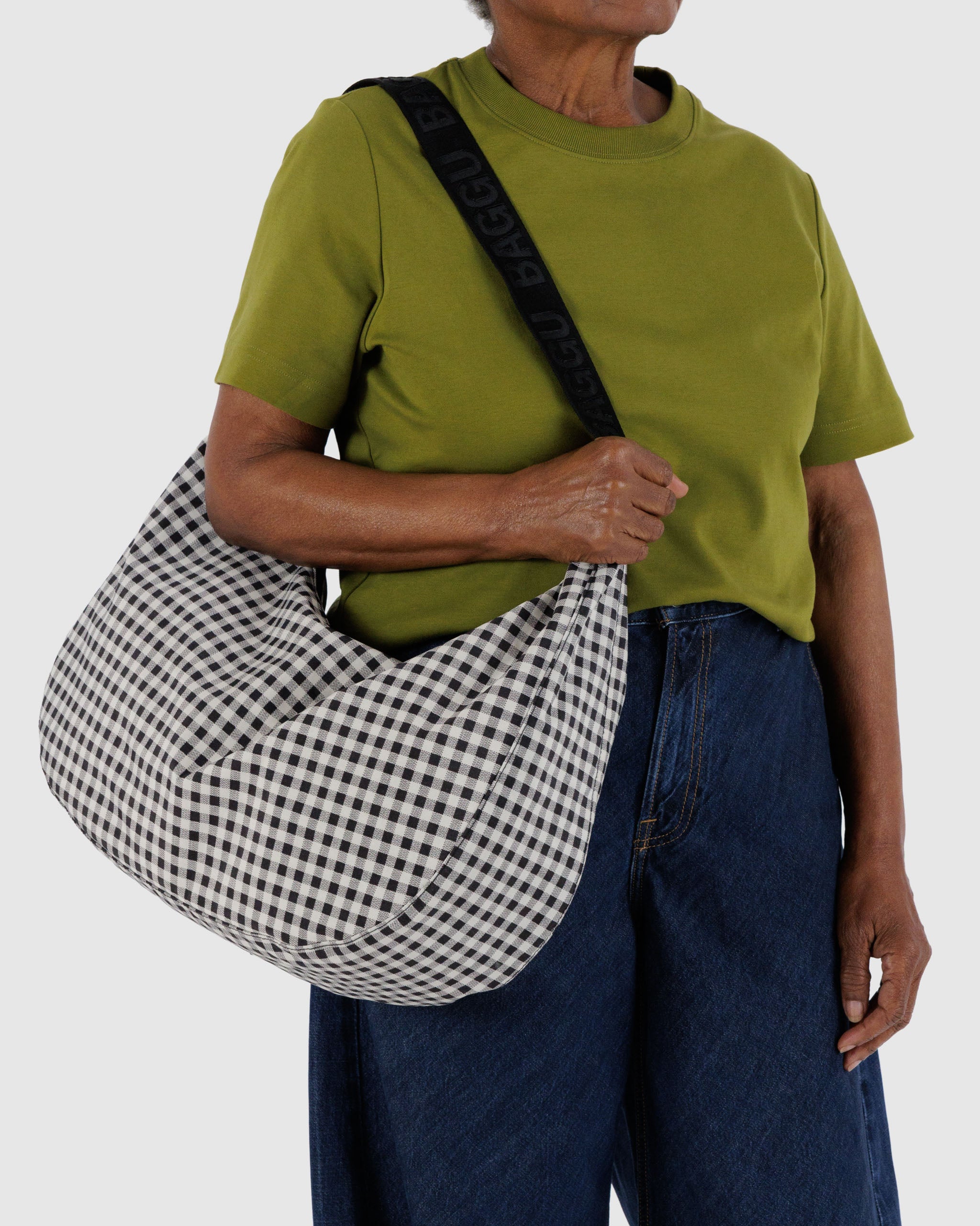Black & White Gingham Large Nylon Crescent Bag