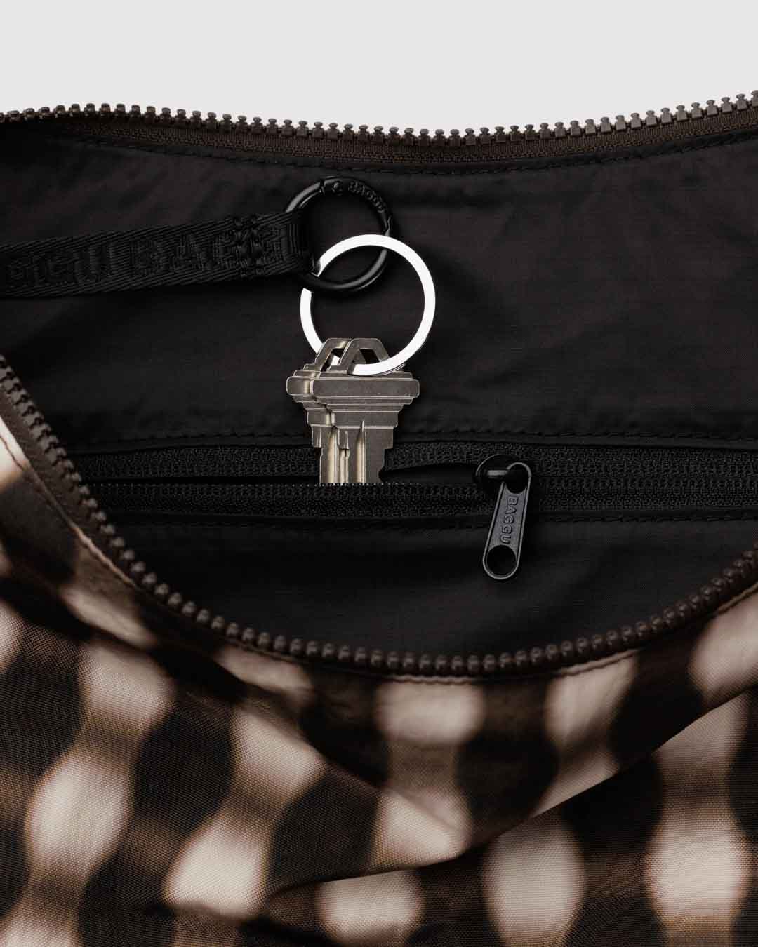 Blurred Gingham Brown Large Nylon Crescent Bag