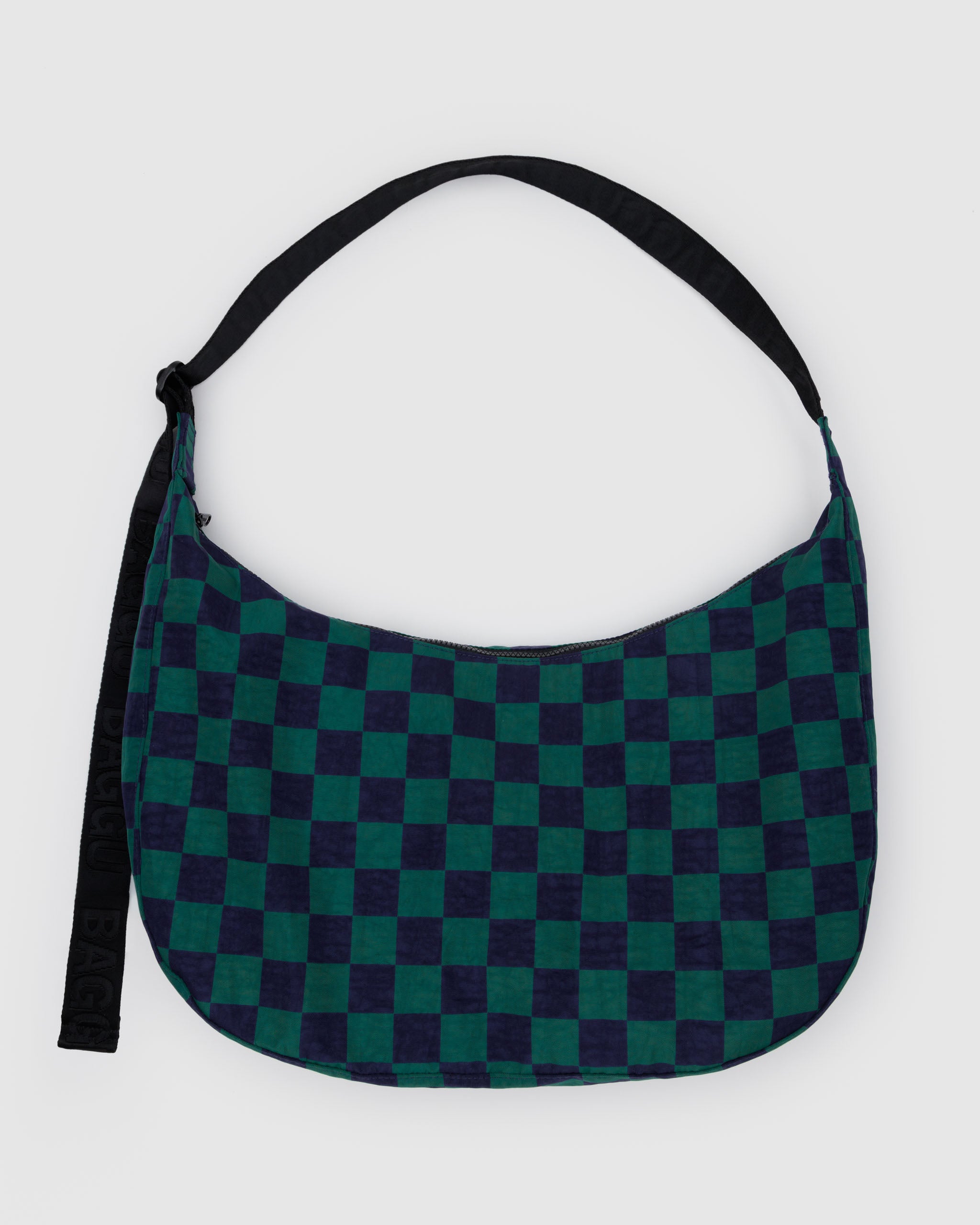 Navy Green Check Large Nylon Crescent Bag | BAGGU | Crossbody Bag