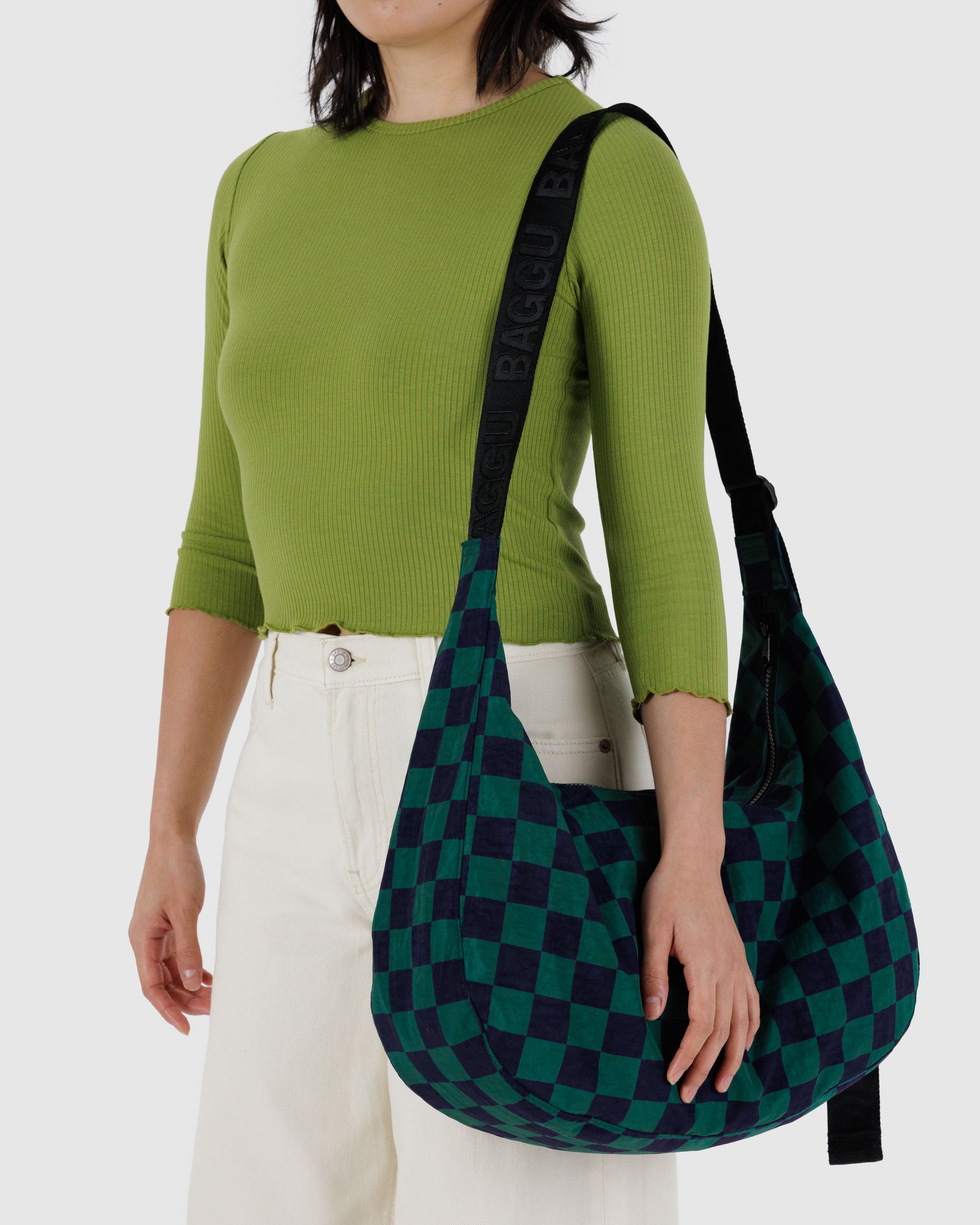 Navy Green Check Large Nylon Crescent Bag | BAGGU | Crossbody Bag