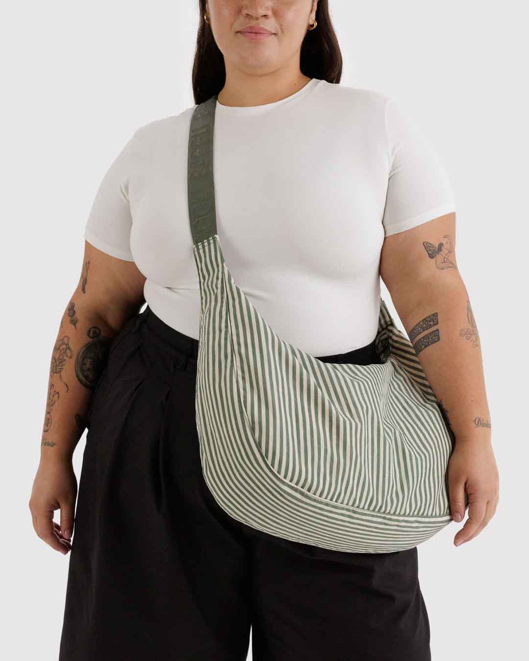 Sage Stripe Large Nylon Crescent Bag