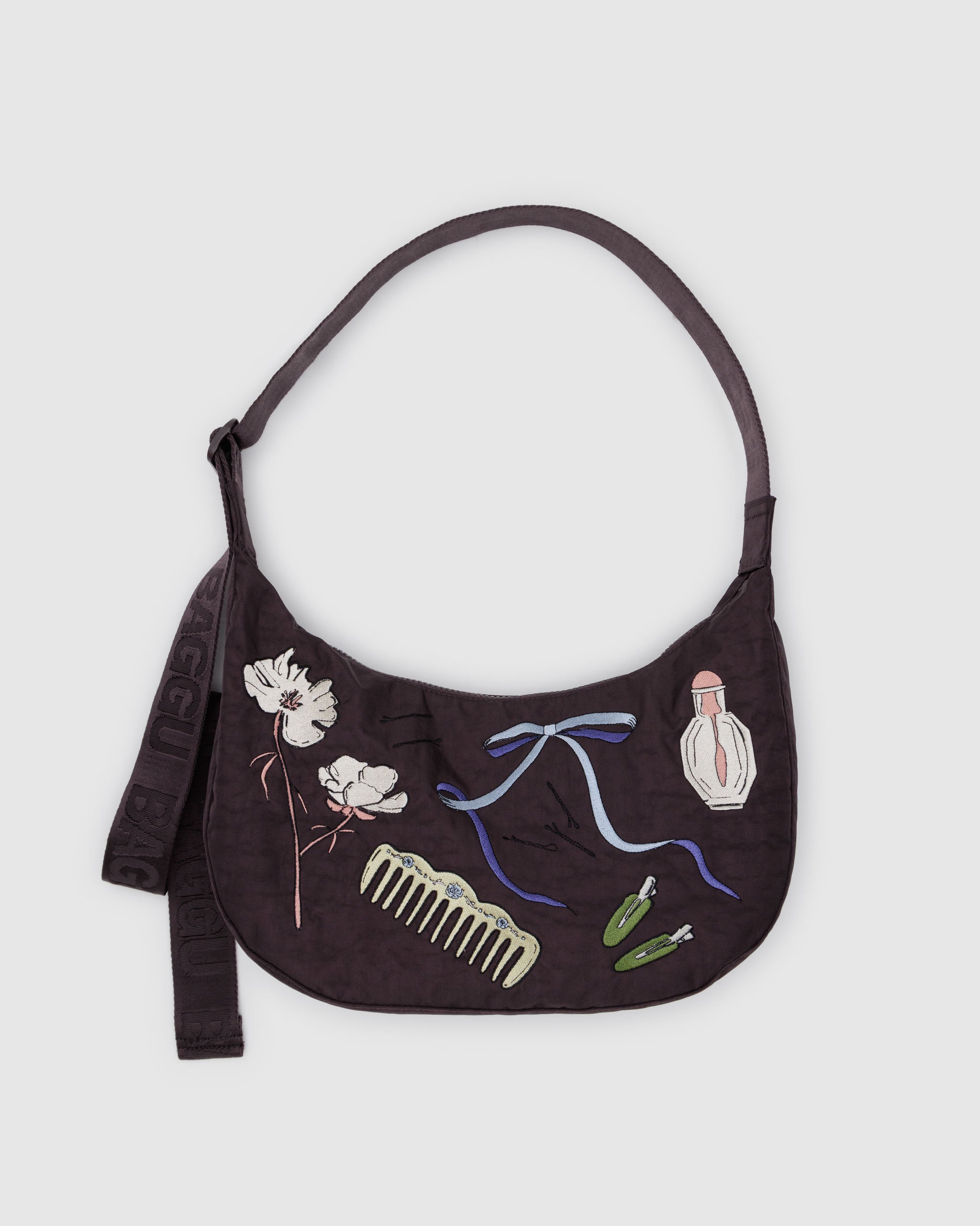 Embroidered Get Ready With Me Medium Nylon Crescent Bag | BAGGU | Crossbody Bag