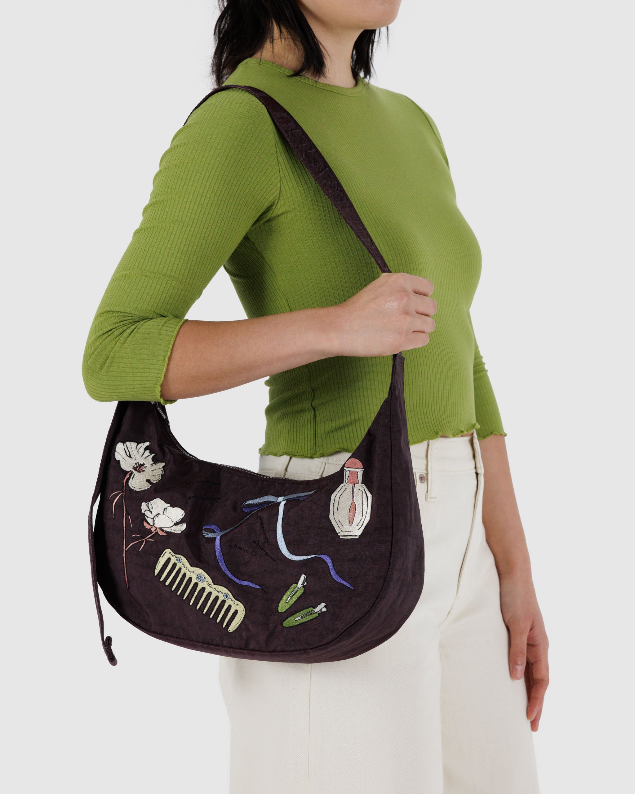 Embroidered Get Ready With Me Medium Nylon Crescent Bag | BAGGU | Crossbody Bag