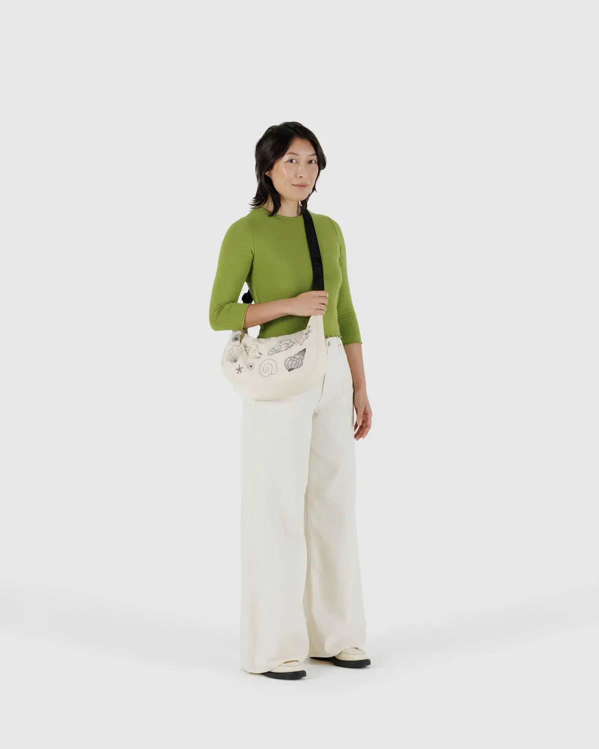 Embroidered Shells Medium Nylon Crescent Bag | BAGGU | Crossbody Bag
