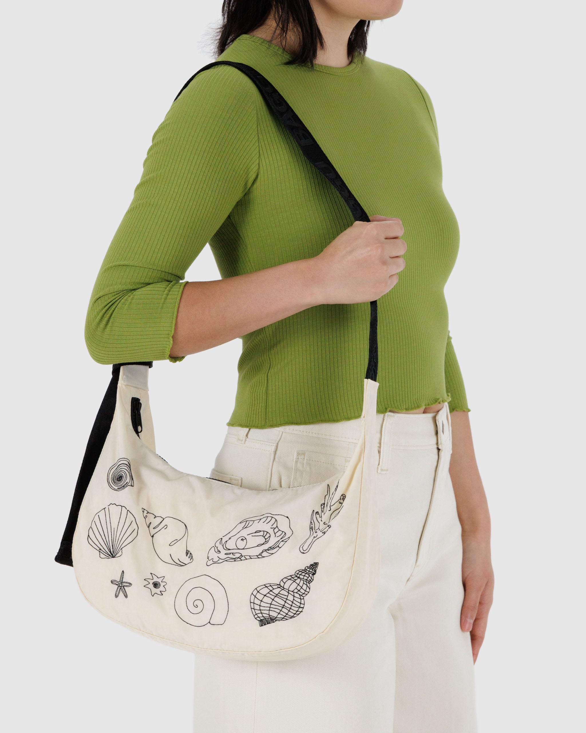 Embroidered Shells Medium Nylon Crescent Bag | BAGGU | Crossbody Bag