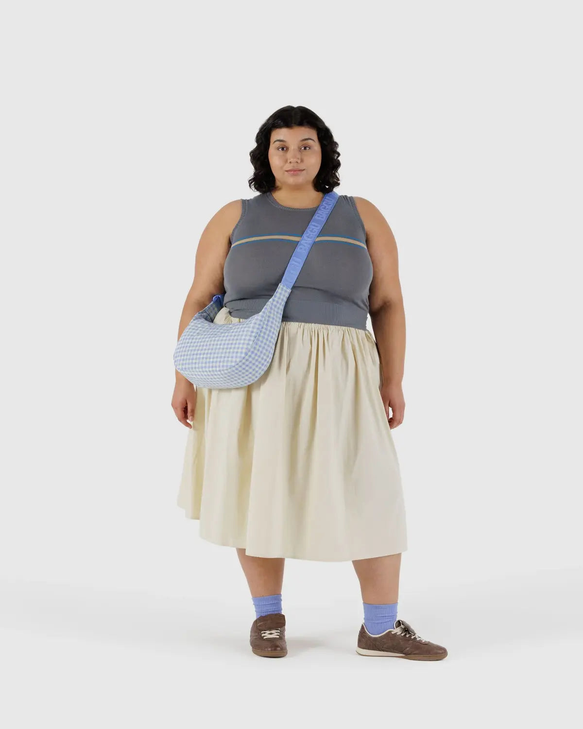 Light Blue Gingham Medium Nylon Crescent Bag | BAGGU | Crossbody Bag