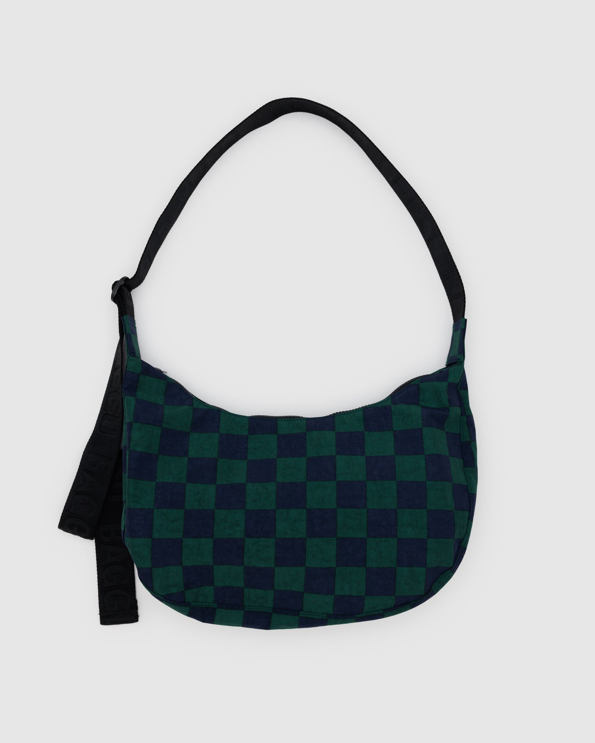 A medium Crescent Bag from BAGGU in Navy Green Check. 