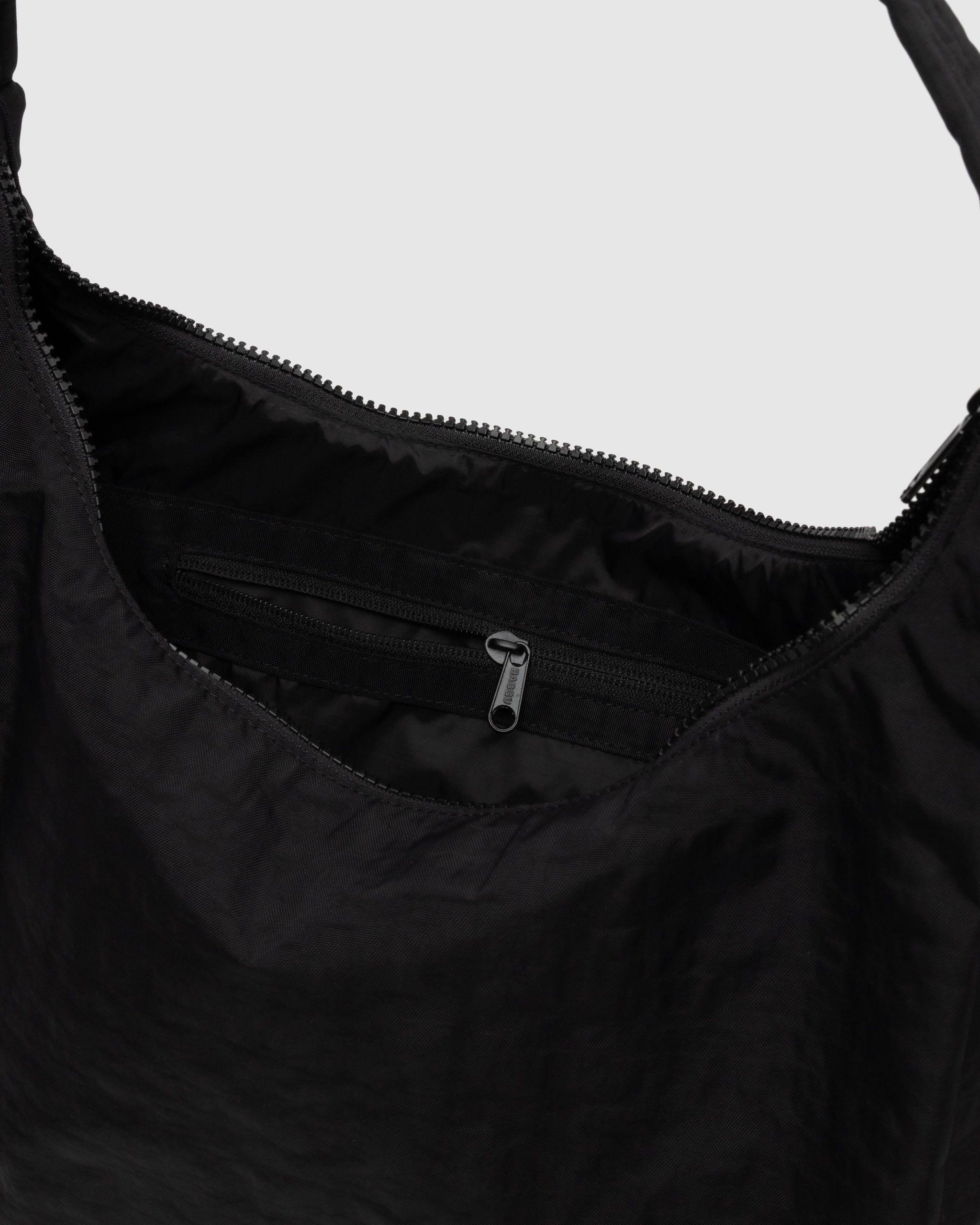 Close up of a BAGGU recycled nylon shoulder bag in Black