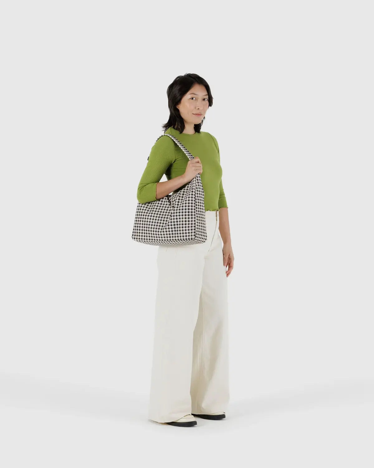 Black & White Gingham Nylon Shoulder Bag