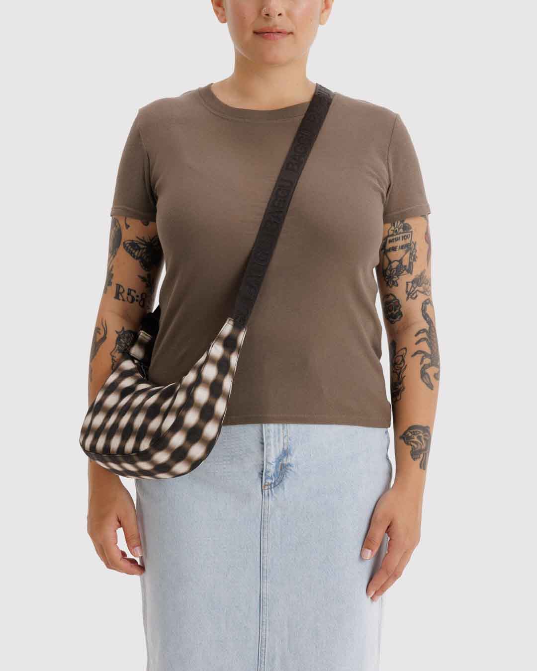 Blurred Gingham Brown Small Nylon Crescent Bag