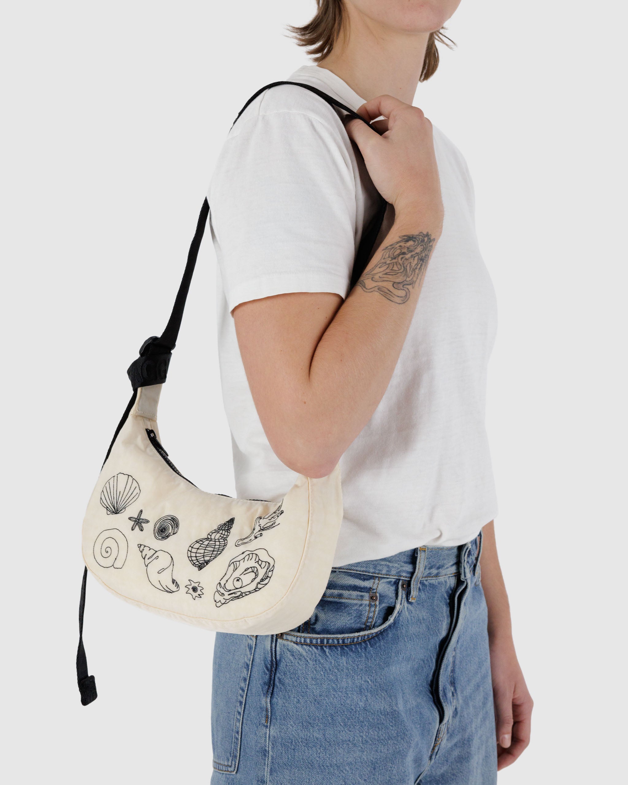 Embroidered Shells Small Nylon Crescent Bag