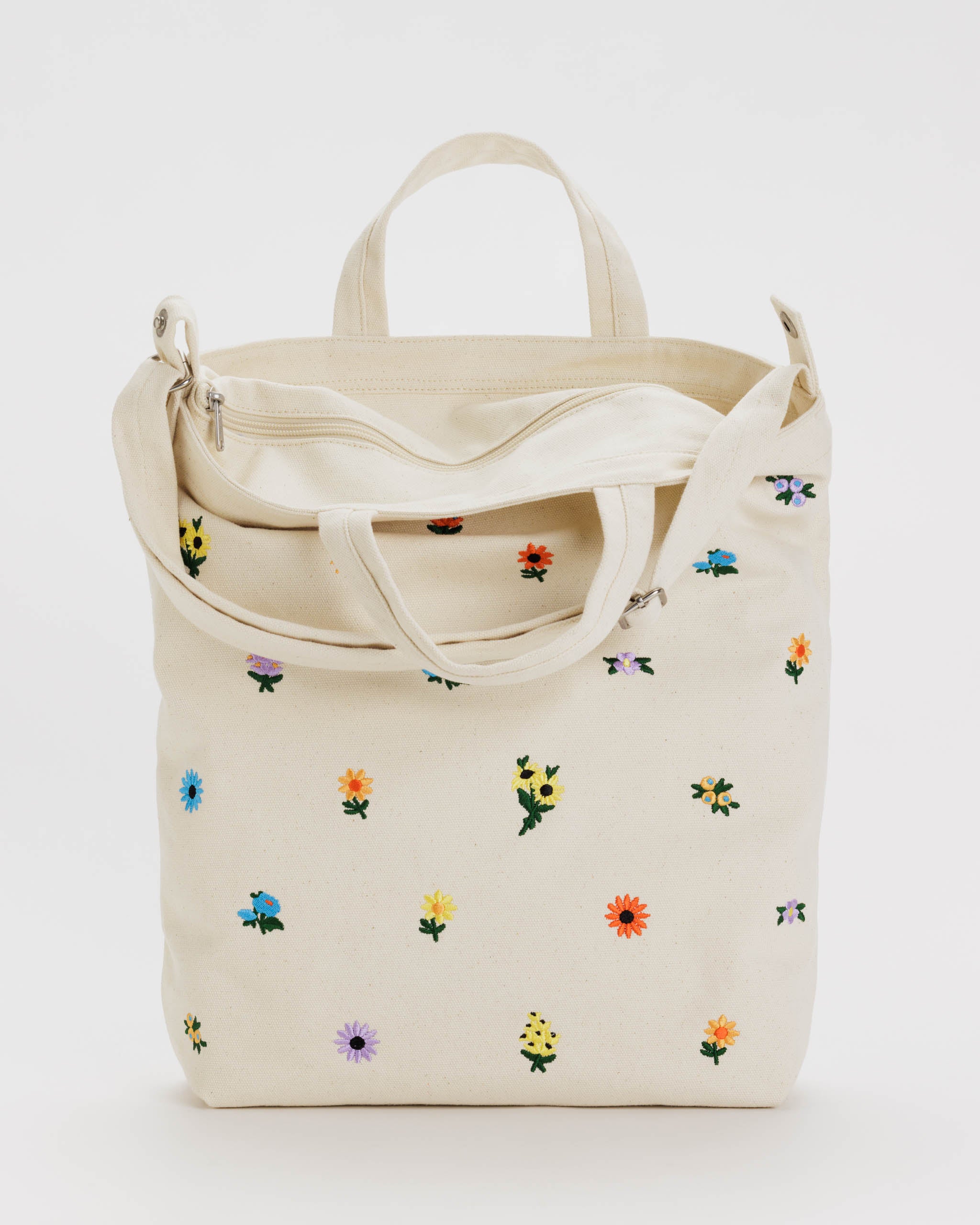 BAGGU | Embroidered Ditsy Floral Zip Duck Bag | Canvas Tote Bag