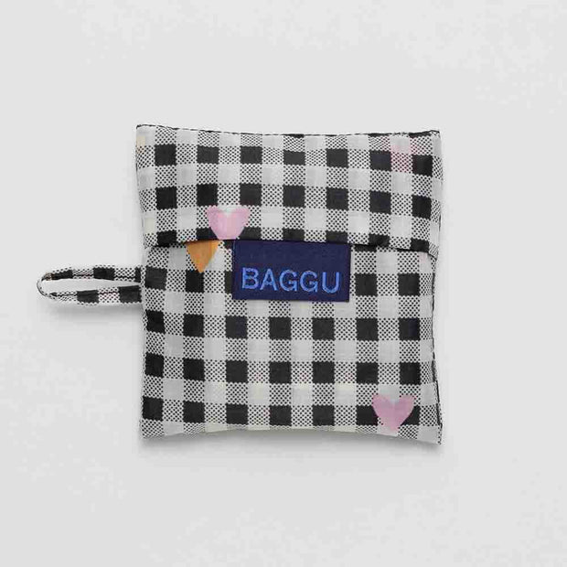 A Gingham Hearts design reusable Baby Baggu in pouch