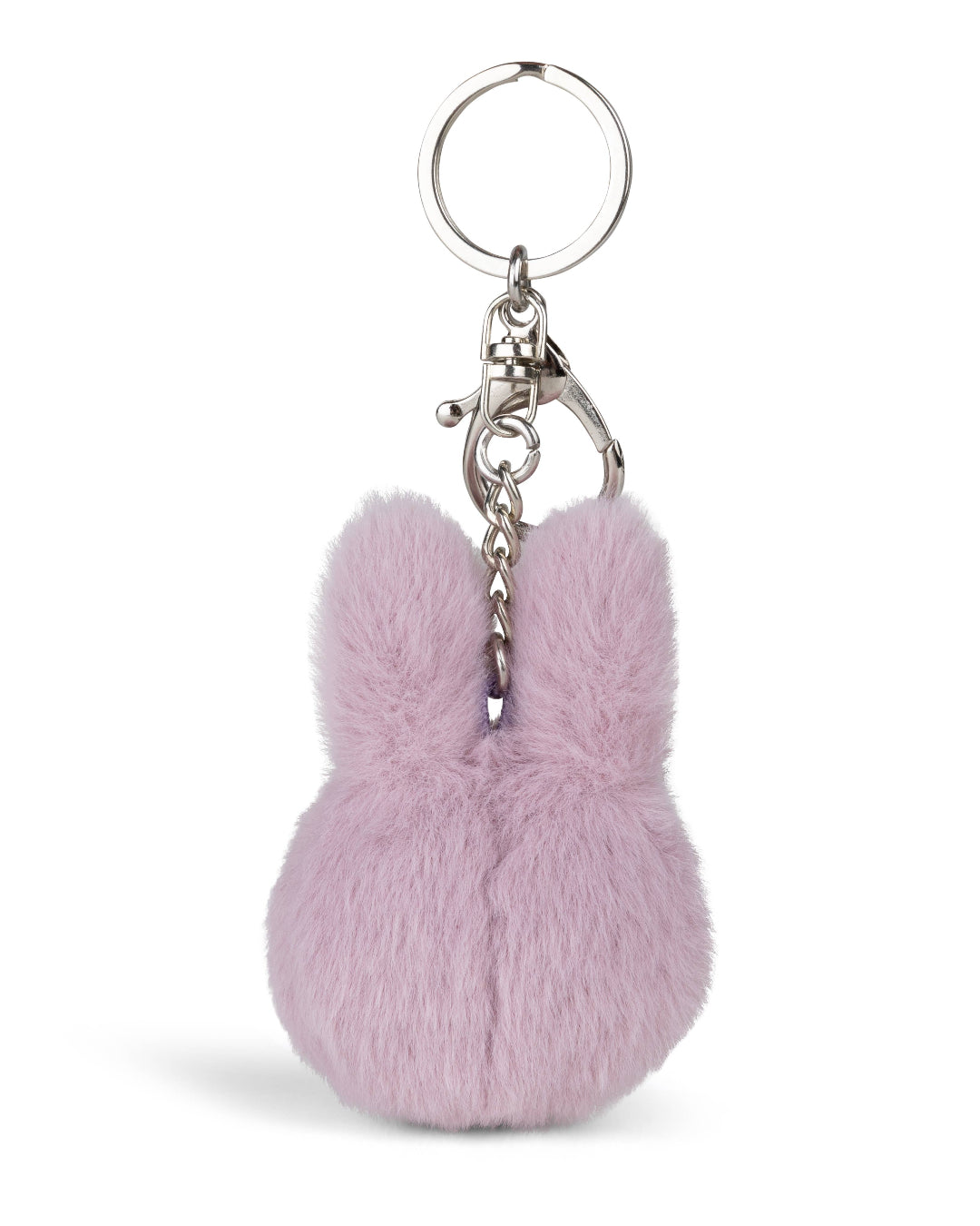 Pink fluffy Miffy keychain on a white background