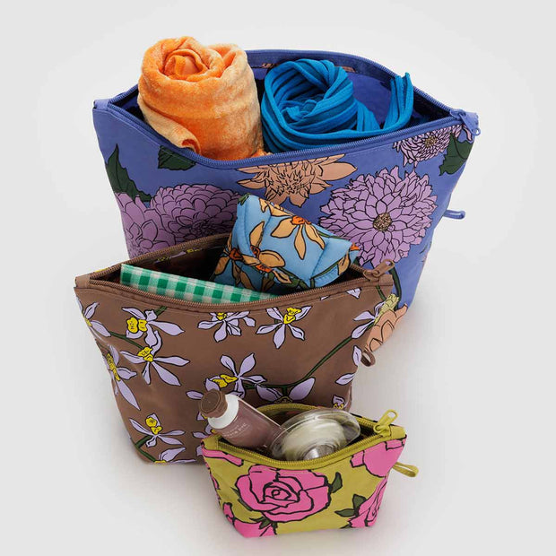 Baggu  Garden Flowers Go Pouch set open with products inside