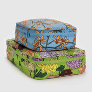 A set of Baggu large packing cubes in the Garden Flowers design including Orchid and Dahlia shown closed