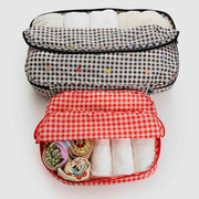 Baggu Large Packing Cube Set in Red and Black & White Hearts Gingham  open with clothes in them
