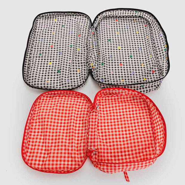 Baggu Large Packing Cube Set in Red and Black & White Hearts Gingham  open with no contents