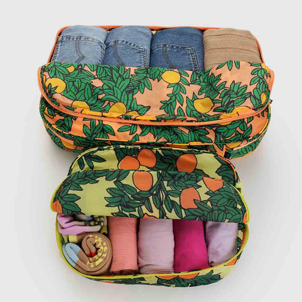 Baggu Large Packing Cube set in Orange Trees with jeans, tops, and socks 