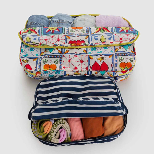 Baggu Large Packing Cube Set in vacation tiles shown filled with jeans, tops and socks