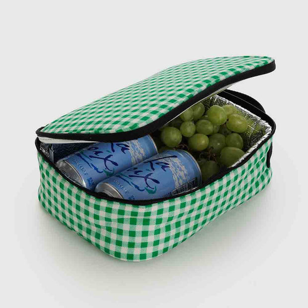 An open Baggu Green Gingham insulated Lunch Box