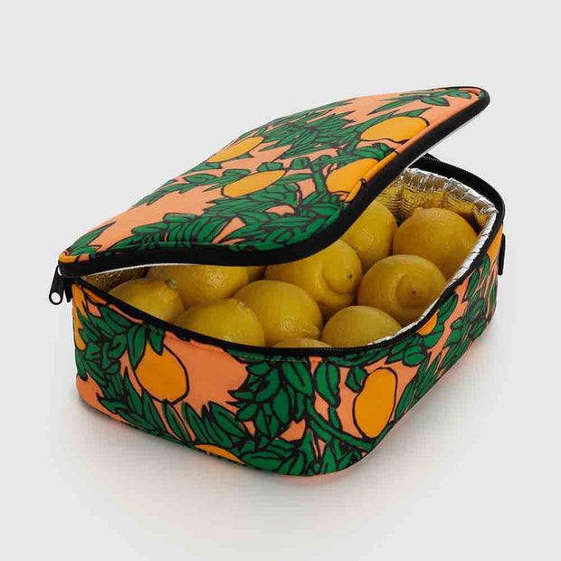 An Open Baggu Orange Tree Coral insulated Lunch Box