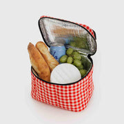 An open Baggu red gingham puffy lunch bag