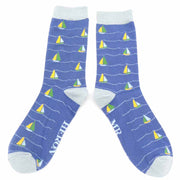 Pair of men’s socks in blue with a sailing boat pattern 